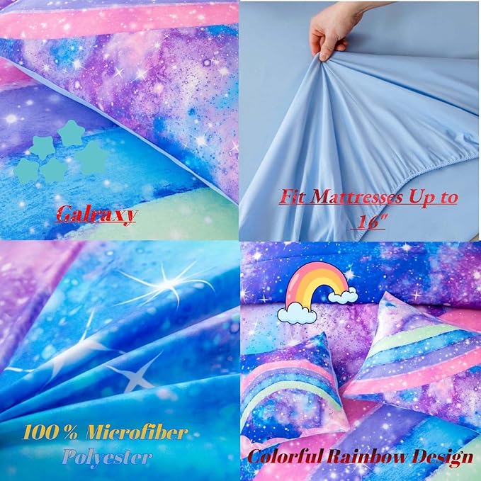 Tie Dye Blue Teens Comforter Set Queen for Girls, 3D Rainbow Gradient Glitter Bed in A Bag, 6 Pieces Twinkle Nebula Comforter Kids Bedding Set for All Season - LeafyLoom