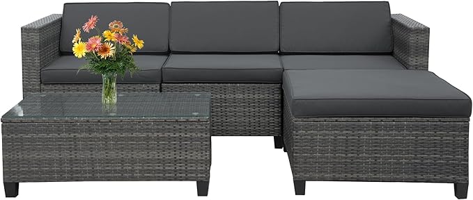 5 Piece Outdoor Patio Sectional Furniture Set, Weather Resistant Rattan Outside Couch, Waterproof Conversation Sofa for Balcony, Porch, Backyard, Deck, Garden, Grey - LeafyLoom