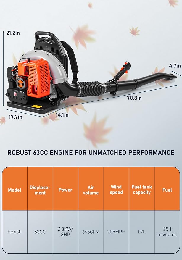 HTK 63CC Gas Backpack Leaf Blower - 2-Stroke Engine, High-Velocity 665CFM, Ergonomic & Low-Vibration, Cruise Control, Ideal for Year-Round Yard Maintenance (63CC Backpack Blower) - LeafyLoom