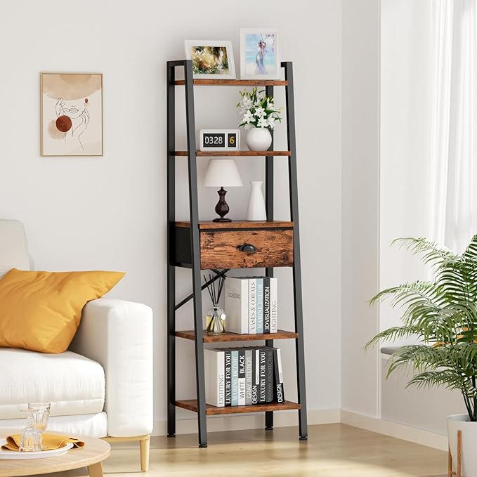 Furologee 5 Tier Ladder Shelf with Drawer, Tall Bookshelf Storage Shelves, Bookcase Standing Shelf Units, Industrial Open Display Shelves Organizer for Bedroom, Living Room, Kitchen, Rustic Brown… - LeafyLoom