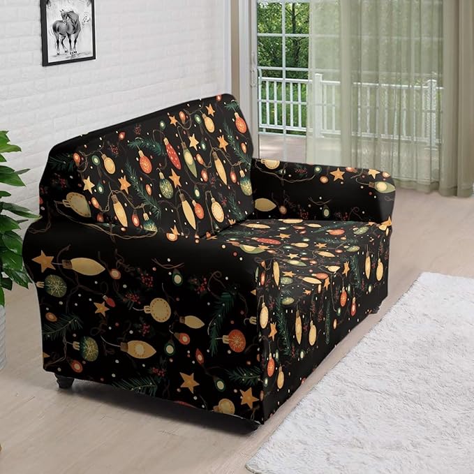 FKELYI Christmas Lights Sofa Furniture Protector with Elastic Bottom Easy Going Stretch Sofa Slipcover for Indoor Non-Slip Sofa Couch Cover M FKELYI