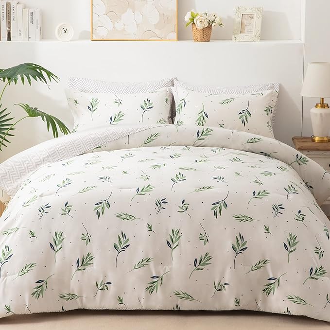 EMME Queen Comforter Set - Sage Green Floral Bedding Set 7 PCS with Nature Leaves Pattern, Soft Leaf Printed Botanical Bed Set with Sheets, Fluffy Bed Bag for All Season(90"X90") - LeafyLoom