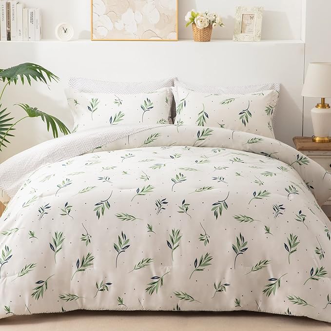 EMME King Comforter Set - Sage Green Floral Bedding Set 7 PCS with Nature Leaves Pattern, Soft Leaf Printed Botanical Bed Set with Sheets, Fluffy Bed Bag for All Season(102"X90") - LeafyLoom