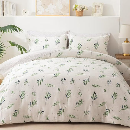 EMME Twin Comforter Set - Sage Green Floral Bedding Sets 5 PCS with Nature Leaves Pattern, Soft Leaf Printed Botanical Bed Set with Sheets, Fluffy Bed Bag for All Season(68"X90") - LeafyLoom