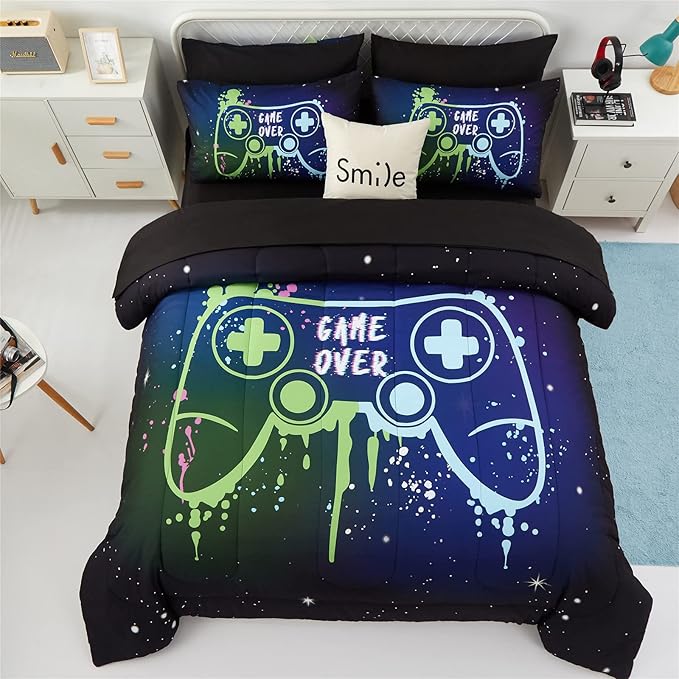 Kids Gaming Bedding Sets Twin Size for Boys Teen, 4 Piece Bed in a Bag Gamer Comforter Set with Sheets, 3D Colorful Video Game Controller Comforter, All Season Soft Microfiber Bed Set(Blue,Twin) - LeafyLoom