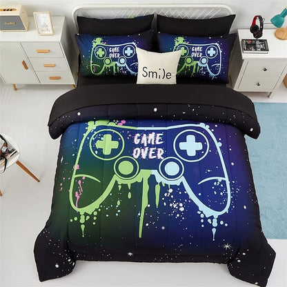 Kids Gaming Bedding Sets Twin Size for Boys Teen, 4 Piece Bed in a Bag Gamer Comforter Set with Sheets, 3D Colorful Video Game Controller Comforter, All Season Soft Microfiber Bed Set(Blue,Twin) - LeafyLoom