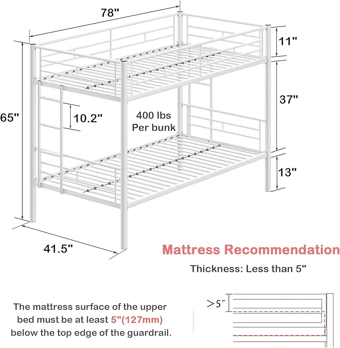 VECELO Metal Loft Bed Twin Size with Desk Industrial Bunkbeds with Ladder and Full-Length Guardrail, Noise Free, No Box Spring Needed, White - LeafyLoom