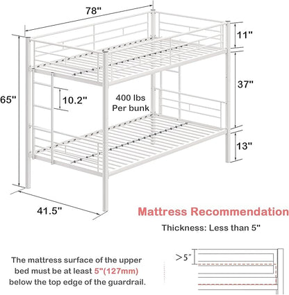 VECELO Metal Loft Bed Twin Size with Desk Industrial Bunkbeds with Ladder and Full-Length Guardrail, Noise Free, No Box Spring Needed, White - LeafyLoom