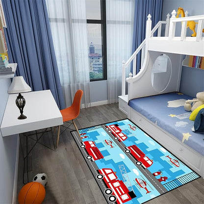 Car Rug Play Mat Car Rug Play Mat Car Rug for Boys Room Fire Fighting Truck Red Car Printed Rug Play Rug for Cars and Trucks Play Rugs for Kids Rooms,Light Blue 4'5''×6' - LeafyLoom