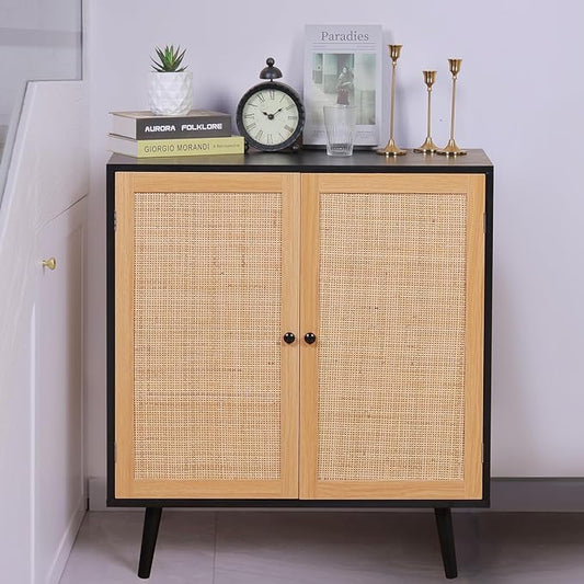 Sideboard Buffet Cabinet,Accent Kithchen Storage Cabinet with Rattan Doors,Wood Cupboard Console Table with Adjustable Shelves for Living Room, Black - LeafyLoom