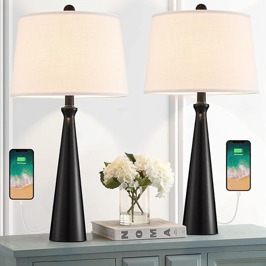 Oneach 25.75” Modern Table Lamps with USB Port Set of 2 Accent Gold Nightstand Lamp for Living Room Bedroom Office Black - LeafyLoom