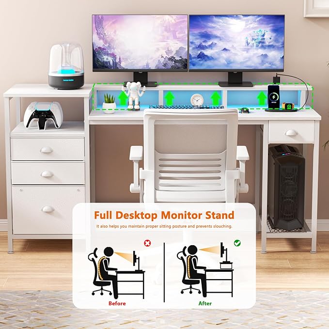 Furologee White Computer Desk with Drawers, 60" Office Long Desk with Fabric File Cabinet and Power Outlets, Gaming Desk with LED Lights, Study Writing Work Desk for Home Office, White - LeafyLoom