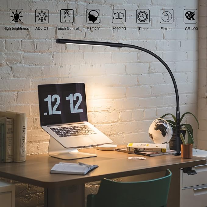 Desk Lamp, Eye-Caring Desk Light, Gooseneck Lamp with Clamp, Adjustable Color Temperature & Brightness, Clip on Lamp with Memory & Timer Function, Clamp Lamp for Home Office, 12W, Black - LeafyLoom