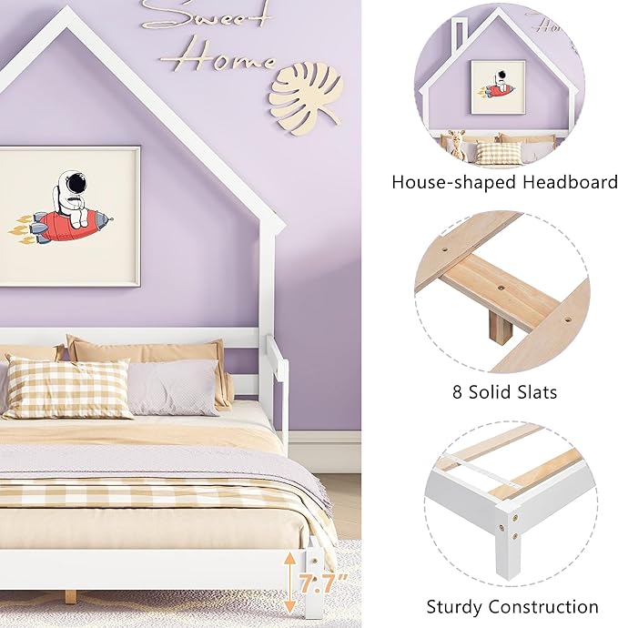 Full Size Bed Frame for Kids,House-Shaped Headboard Kids Bed,Girls Bed with Handrails,Low Platform Bed for Boys Girls,No Box Spring Needed(White) - LeafyLoom