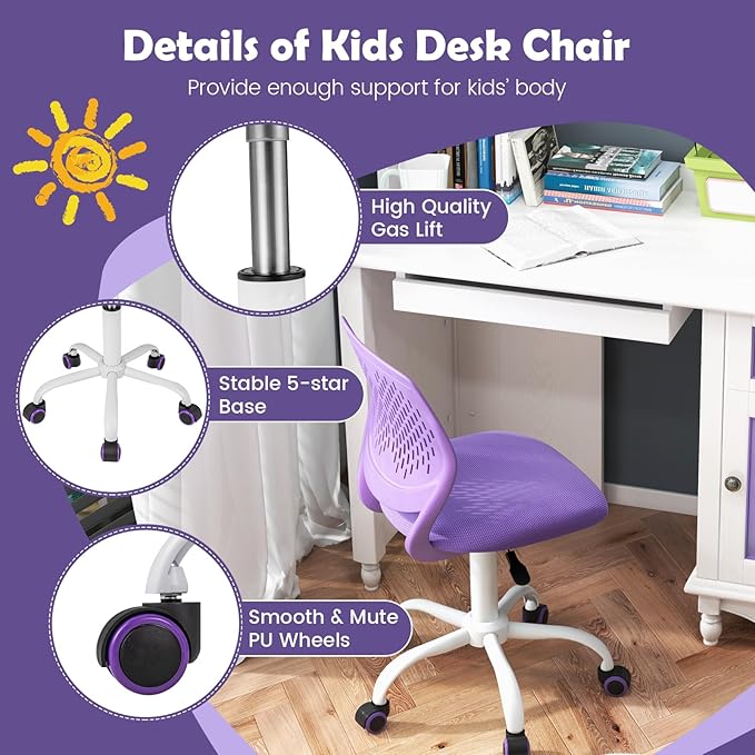 Kids Desk Chair, Purple Ergonomic Kids Office Chair Ages8-12 w/Lumbar Support, Low-Back Teen Desk Chair for Girls Boys, Small Cute Kids Computer Chair for Bedroom/Study/Vanity Desk - LeafyLoom