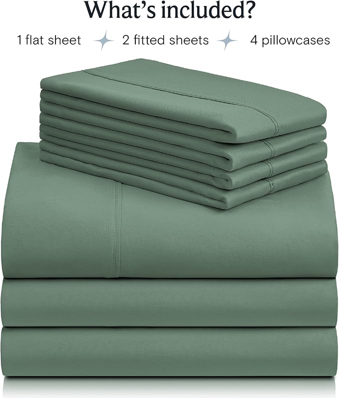 LuxClub 7 PC Split King Sheet Set, Breathable Luxury Bed Sheets, Deep Pockets 18" Eco Friendly Wrinkle Free Cooling Sheets Machine Washable Hotel Bedding Silky Soft - Tree Moss Green Split King - LeafyLoom