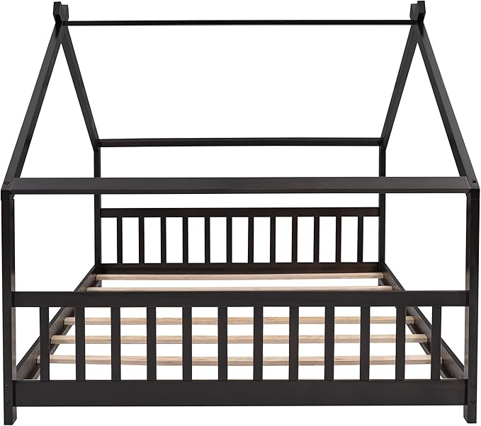 Bellemave Wood Montessori Full Size Bed Frame, Espresso - Playhouse Design, Sturdy, Safety, No Box Spring Needed, Easy Assemble - LeafyLoom