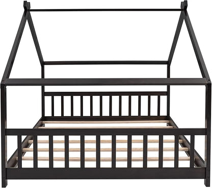 Bellemave Wood Montessori Full Size Bed Frame, Espresso - Playhouse Design, Sturdy, Safety, No Box Spring Needed, Easy Assemble - LeafyLoom