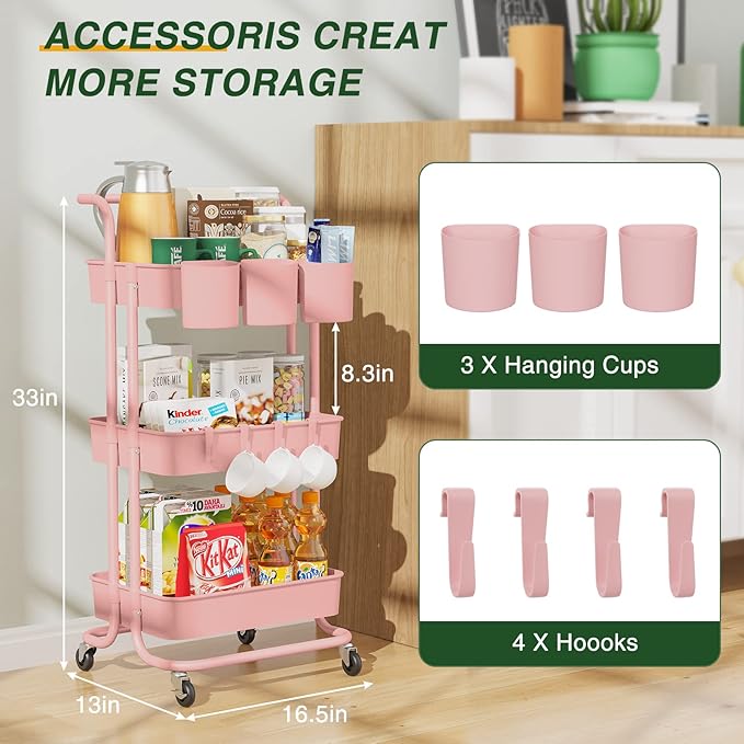 3-Tier Rolling Mobile Utility Cart with Hanging Cups & Hooks & Handle Multifunctional Organizer Storage Trolley Service Cart with Wheels Easy Assembly for Office, Bathroom, Kitchen(Pink) - LeafyLoom