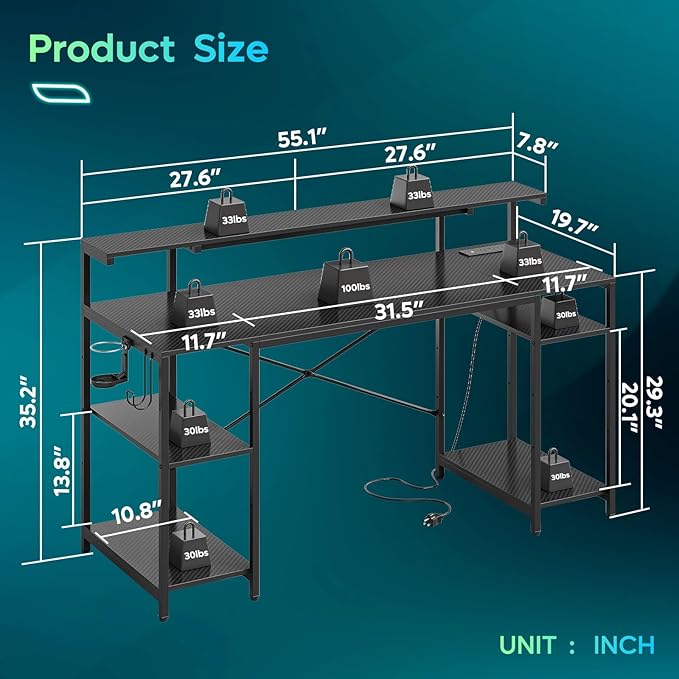 Bestier Gaming Desk with Reversible Power Outlets, 55 inch LED Computer Desk with Monitor Stand & Adjustable Shelves, Writing Desk with Cup Holder & Hook for Home Office, Black 3D Carbon Fiber - LeafyLoom