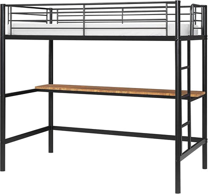 VECELO Metal Loft Bed Twin Size with Desk, Heavy Duty Bedframe with Removable Ladder and Safety Guardrail, Space-Saving, Noise Free, No Box Spring Needed, Black - LeafyLoom