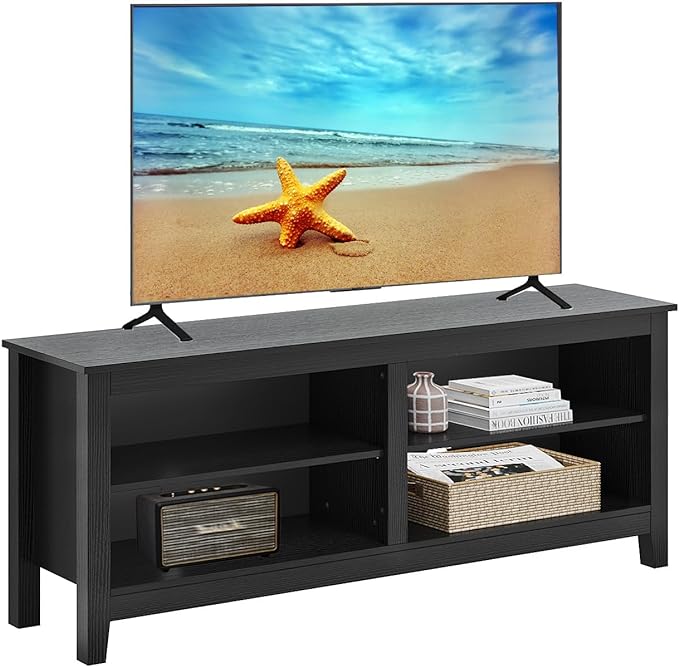 TV Stand for 65 inch TV with Storage,Modern TV Entertainment Center for Bedroom,TV Media Console Table with 4 Open Storage Shelve,55 inch Wood TV Cabinet Black - LeafyLoom