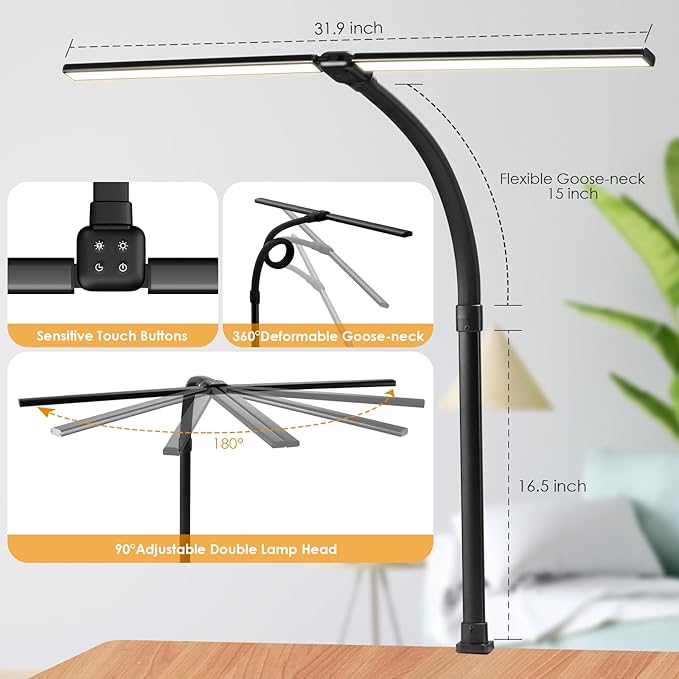 Led Desk Lamp for Office Home - 24W Double Head Architect Desk Light with Clamp & Timer, Eye Caring Folding Table Lamp Gaming Desktop Computer LED Lights Desk Supplies for Workbench Studing Drafting - LeafyLoom