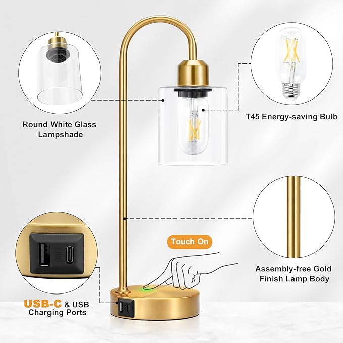 Innqoo Gold Industrial Touch Table Lamps for Bedrooms Set of 2-3-Way Dimmable Nightstand Lamps with USB C+A Ports and Outlet, Gold Bedside Lamps with Glass Shade, Desk Lamps for Home Office - LeafyLoom