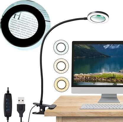 Desk Magnifying Glass with Light 5X, Clip on Desk Light with 3 Light Color, 5w LED Desk Lamp with Clamp 10 Adjustable Brightness, Flexible Gooseneck Craft Light Desk Lamps for Home Office - LeafyLoom