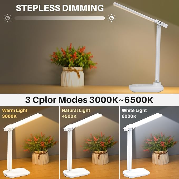 LED Desk Lamp Dimmable Double Head Reading Lamp with USB Charging Port, 3 Lighting Modes, Sensitive Control, Eye-Caring Office Lamp for Study Reading Drafting (White) - LeafyLoom