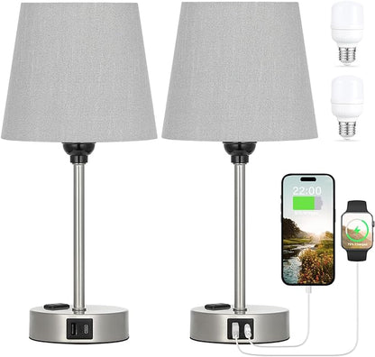 Table Lamps for Bedrooms Set of 2 Bedside - Nightstand Bedroom Lamp with USB C Port and AC Outlet Charging, Dimmable Touch Small End Side Lamp, Grey Night Stand Light for Kid/Guest Room/Living Room - LeafyLoom