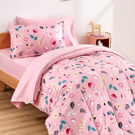 SLEEP ZONE Kids Bedding Comforter Set Full/Queen Size - Super Cute & Soft Kids Bedding 7 Pieces Set with Comforter, Sheet, Pillowcase & Sham (Pink Flower) - LeafyLoom