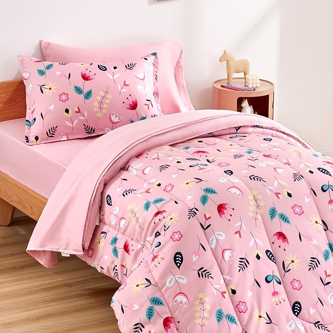 SLEEP ZONE Kids Twin Bedding Comforter Set - Super Cute & Soft Kids Bedding 5 Pieces Set with Comforter, Sheet, Pillowcase & Sham (Pink Flower) - LeafyLoom