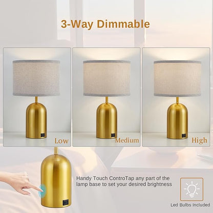 Set of 2 Table Lamps with USB C+A Ports, Touch Control Lamps for Bedside and Nightstand in Bedroom, 3-Way Dimmable Modern Lamp for Desk, Living Room, Office, LED Bulbs Included(Gold & Gray) - LeafyLoom