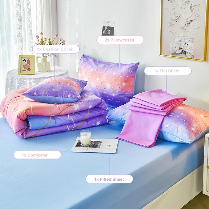 PERFEMET Purple Mermaid Twin Comforter Set for Girls, 6 Pieces Colorful Rainbow Twin Bedding Sets, Tie Dye Ombre Glitter Bed in A Bag Comforter Set with Sheets - LeafyLoom