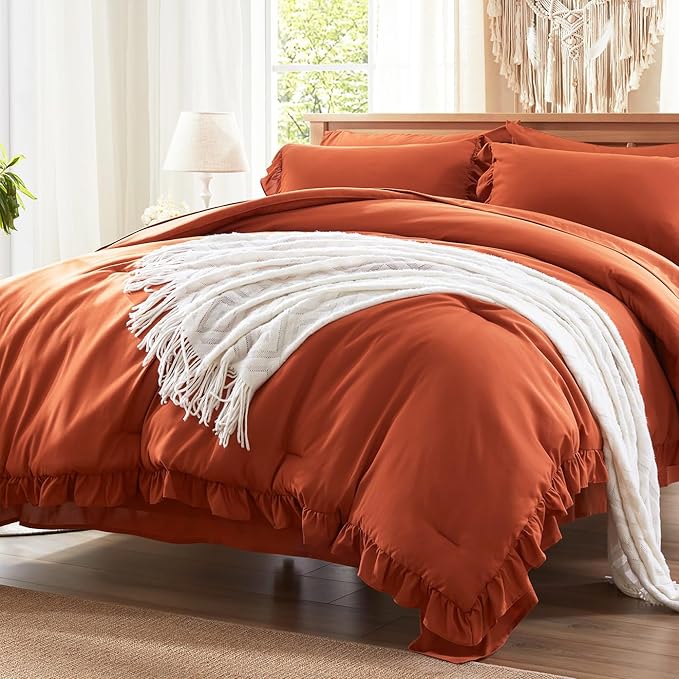 Anluoer Queen Comforter Set 7 Piece, Burnt Orange Bed in a Bag with Sheets, All Season Ruffle Shabby Chic Bedding Sets with 1 Comforter, 2 Pillow Shams, 2 Pillowcases, 1 Flat Sheet, 1 Fitted Sheet - LeafyLoom