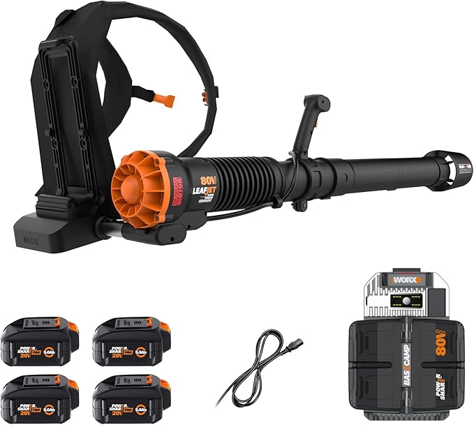 Worx Nitro 80V Cordless Leaf Blower, 800 CFM 150 MPH, Brushless Backpack Electric Leaf Blower WG572, Turbine Fan, Variable Air Control – 4 PowerShare Batteries, Basecamp Charger Included - LeafyLoom