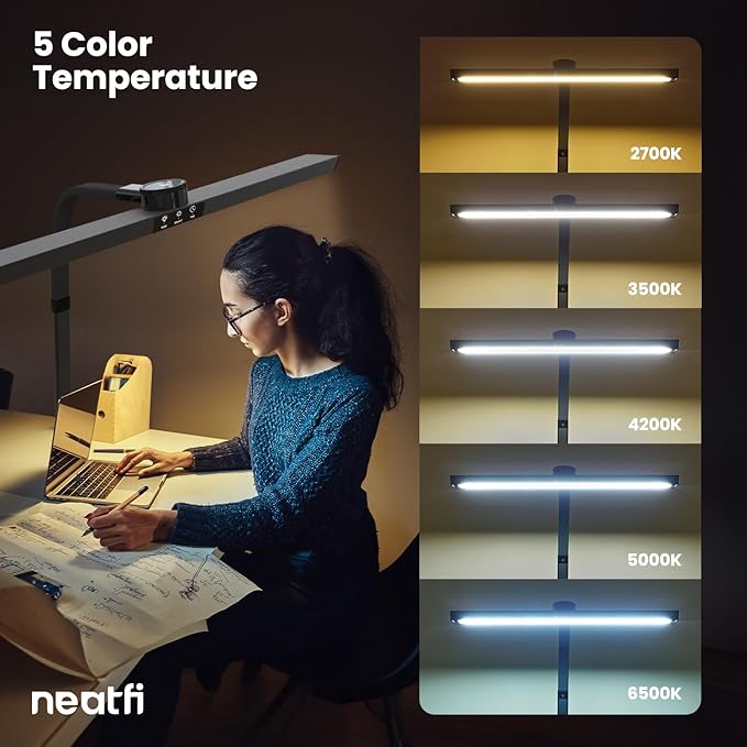 Neatfi LED Desk Lamp with 6-Level Brightness, Adjustable 2700~6500K Color Temperature, 14” Wide, Timer & Charging Port - Touch & Knob Control, 800 Lumens, Dimmable LED Table Light, 24W, CRI 85 (Black) - LeafyLoom