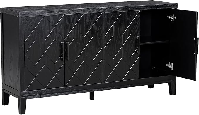 60" 4 Door Retro Sideboard with Adjustable Shelves,Wood Diamond-Shaped Lattice Pattern Storage Buffet Cabinet,w/ 4 Long Handle,for Living Dining Room,Black - LeafyLoom