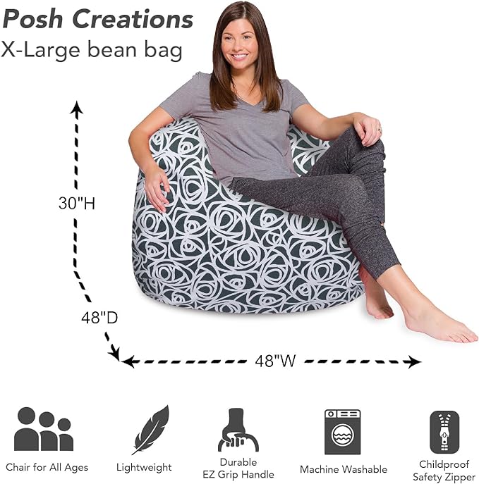 Posh Creations Bean Bag Chair for Kids, Teens, and Adults Includes Removable and Machine Washable Cover, 48in - X-Large, Canvas Roses Gray - LeafyLoom