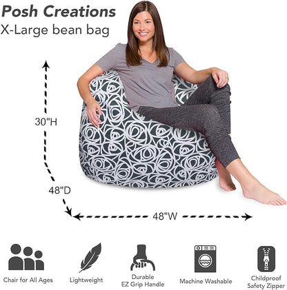 Posh Creations Bean Bag Chair for Kids, Teens, and Adults Includes Removable and Machine Washable Cover, 48in - X-Large, Canvas Roses Gray - LeafyLoom