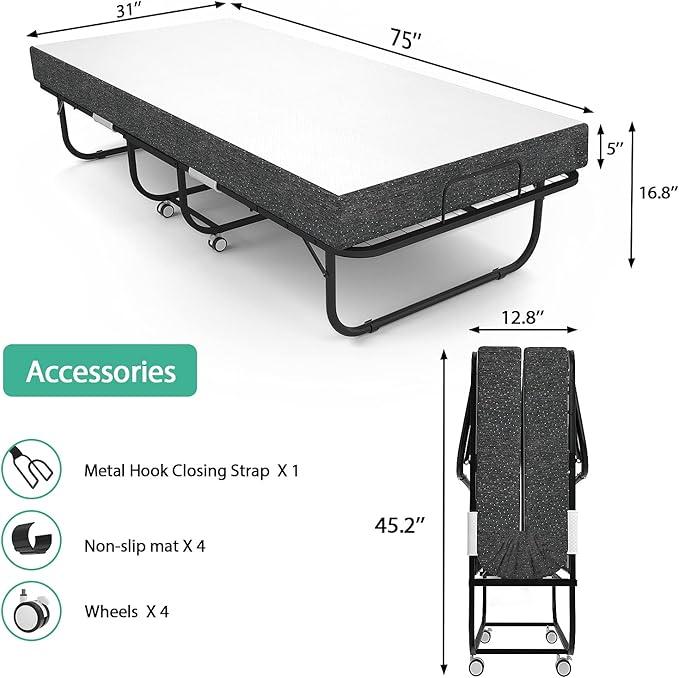 Foxemart Folding Bed with Mattress Portable Foldable Guest Beds Cot Size Rollaway Beds for Adults with Luxurious Memory 5 Inch Foam Mattress and Super Sturdy Frame, 75 x 31 Inch - LeafyLoom