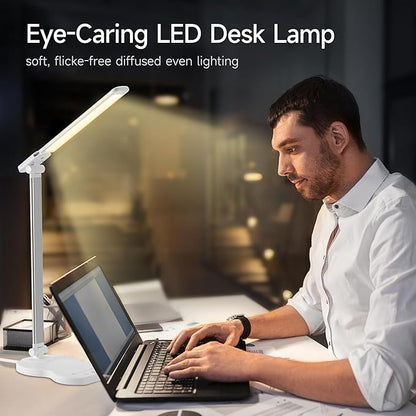 Led Desk Lamp with USB Charging Port, 5 Lighting Colors & 10 Brightness Reading Lamp, Foldable Dimmable LED Desk Light, 3000-6500K, Violin Shape Lamp Desk Lamps for Home Office-White - LeafyLoom