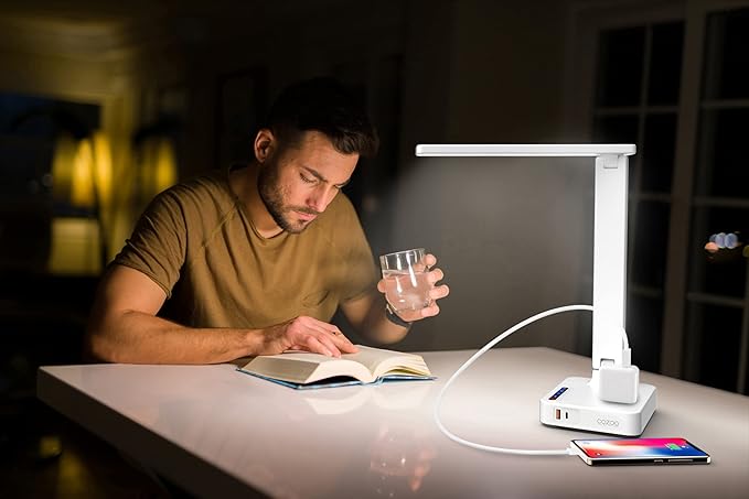 cozoo LED Desk Lamp with USB Charging Ports and Type C Port,2 AC Outlets,9 Lighting Modes,Touch/Memory/Timer Function,10W Eye Protection Foldable Reading Light,Study Lamp,Dorm Essentials Desk Light - LeafyLoom