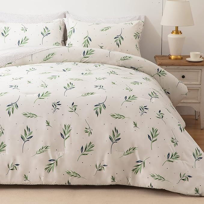 EMME Queen Comforter Set - Sage Green Floral Bedding Set 7 PCS with Nature Leaves Pattern, Soft Leaf Printed Botanical Bed Set with Sheets, Fluffy Bed Bag for All Season(90"X90") - LeafyLoom