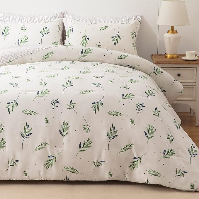 EMME King Comforter Set - Sage Green Floral Bedding Set 7 PCS with Nature Leaves Pattern, Soft Leaf Printed Botanical Bed Set with Sheets, Fluffy Bed Bag for All Season(102"X90") - LeafyLoom