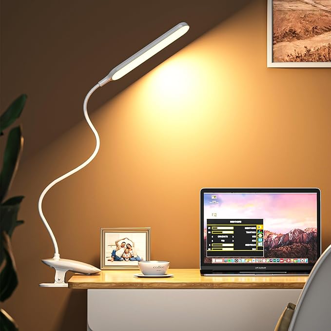 Desk Lamp, Table Lamp 1500mAh Dimmable Reading Lamp with Clamp and Type-C Charging Port, Desk Light for Home Office Reading Working Studying Gooseneck Adjustable Flexible - White - LeafyLoom