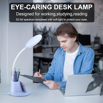 comzler LED Desk Lamp with Wireless Charger Pen Phone Holder, Blue Desk Lamp for Home Office, Dimmable Desk Light 3 Color Modes, College Dorm Study Lamp for College Dorm, CRI 90 800 Lumen - LeafyLoom