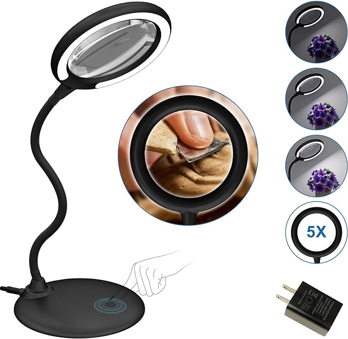 Magnifying Glass with Light and Stand, 5X Desk Magnifying Desk Lamp, Table Magnifier Lamp for Senior Close Work Reading Crafts - LeafyLoom