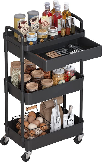 3-Tier Rolling Cart，Trolley with Drawer, Multifunctional Storage Organizer with Plastic Shelf & Metal Wheels, Kitchen Storage Cart for Living Room, Kitchen, Office, Bathroom, Black - LeafyLoom